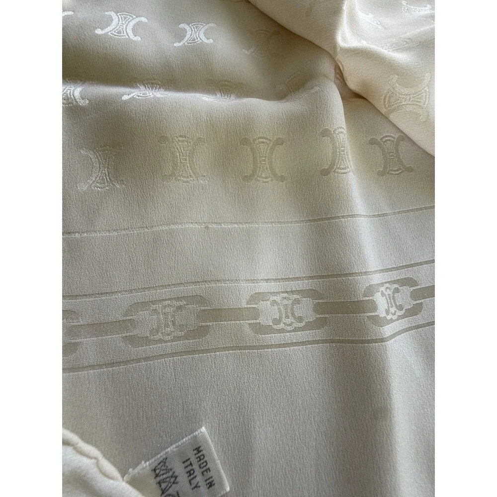 VTG Celine Paris 66” X 17” Ivory Tone On Tone Monogram Silk Scarf inch EVC